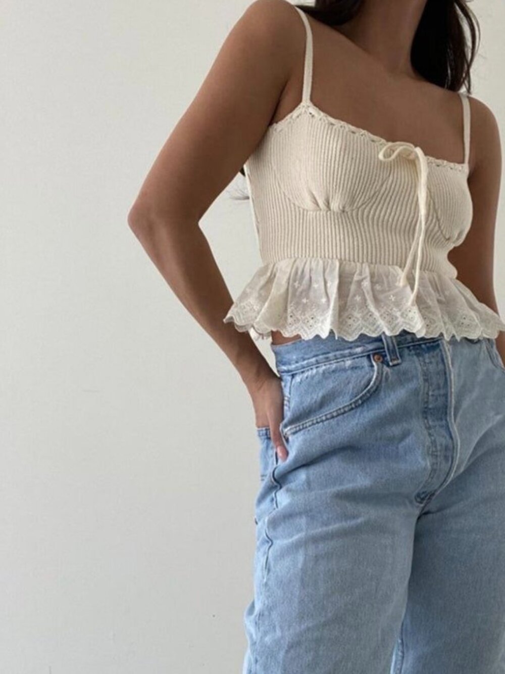 Women's Top- Et Clet by Dressed in LALA Cream Rib Knit Corset Cropped Peplum